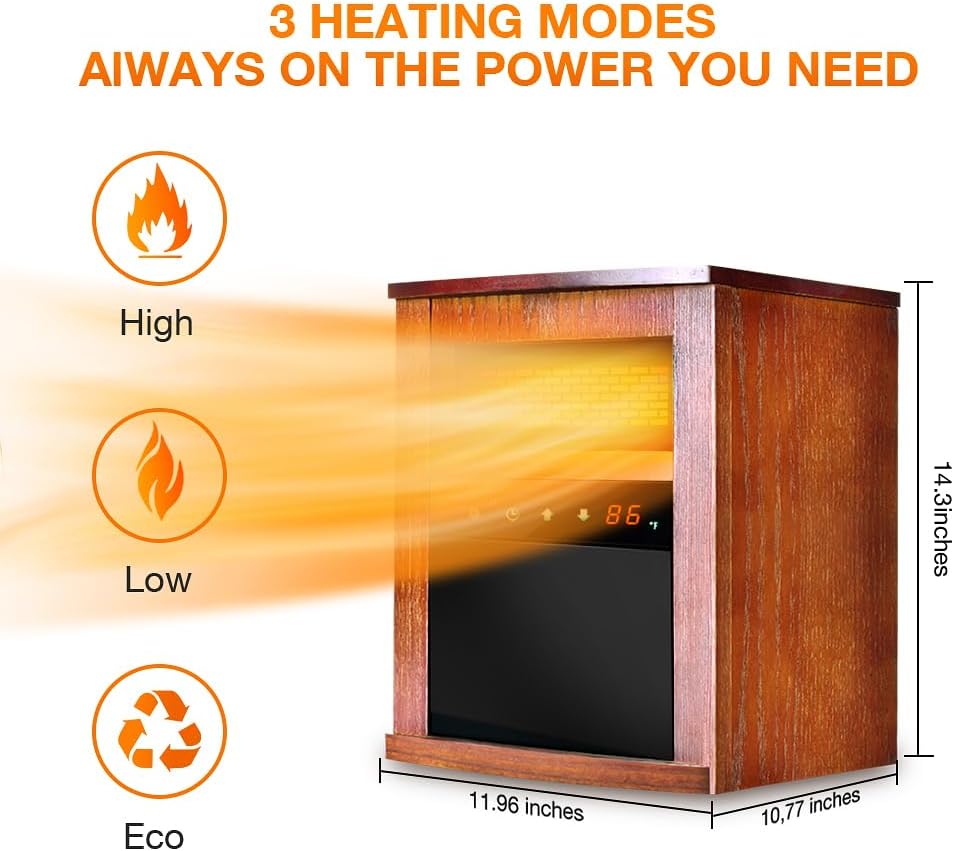 Air Choice Electric Space Heater, 1500W Infrared Heater w/ 3 Heating Mode, Thermostat, Remote Control & 12h Timer, Small Portable Room Heaters for Indoor Use, Bedroom, Office, Living Room, Dark Walnut