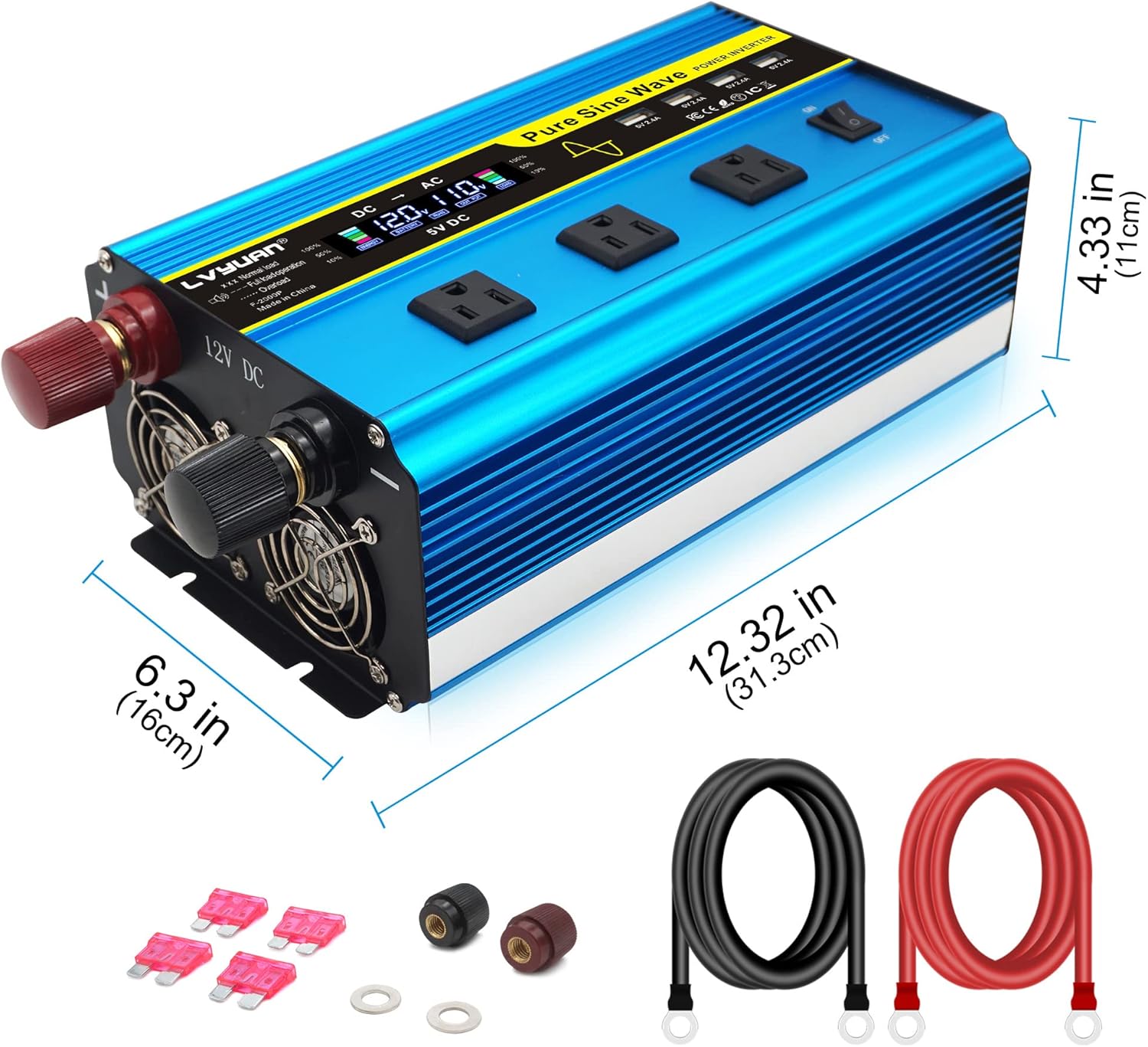 LVYUAN Pure Sine Wave Inverter 1600 Watts Inverter 12V to 110V DC to AC with Remote Controller, LCD Display 4 AC Sockets and 4 USB Ports for Car Truck Solar Power (PSW1600W-GREEN)