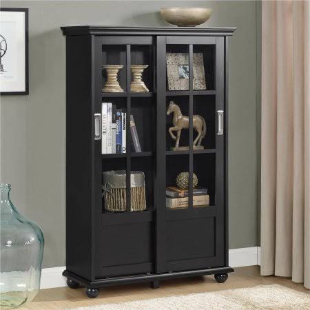 4 Shelf Storage Cabinet Library, Sliding Glass Doors, Bookcase, Made of Solid Wood, Bookshelf, Adjustable Shelves, Eco Friendly,