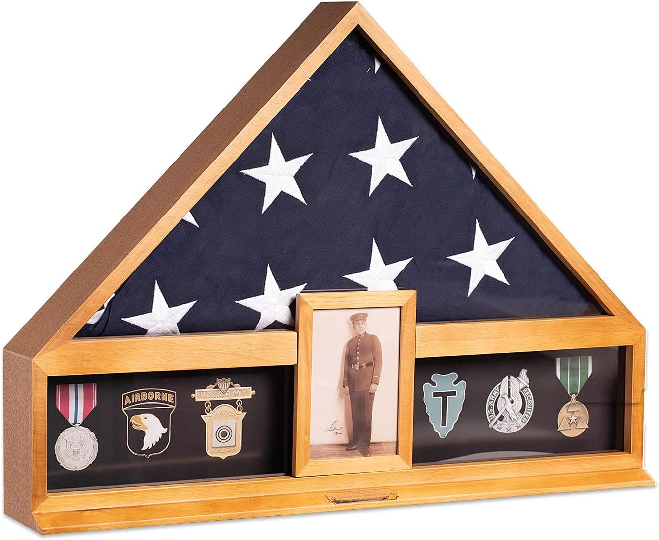 Bey-Berk Custom Personalized American Flag Display Case for 5' x 9.5' Burial Memorial Flag, Military Medal Shadow Box with Glass Front and 4x 6 Picture Frame (Mahogany)