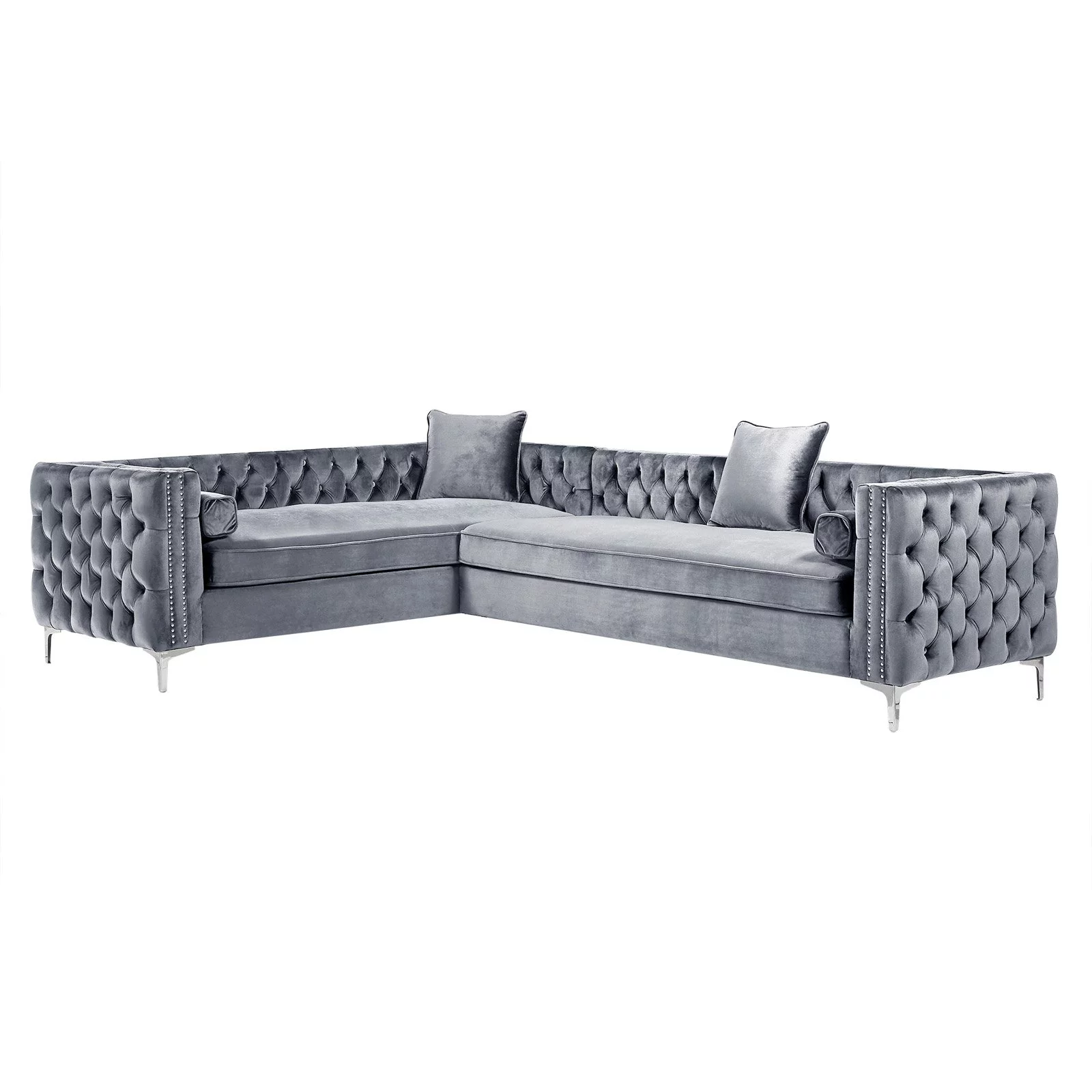 Inspired Home Sania Velvet Corner Sectional Sofa 120" Right Facing Button Tufted Nailhead Trim, Grey