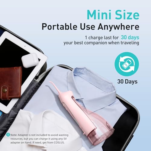 COSLUS Water Dental Flosser Teeth Pick: Portable Cordless Oral Irrigator 300ML Rechargeable Travel Irrigation Cleaner IPX7 Waterproof Electric Flossing Machine for Teeth Cleaning F5020E
