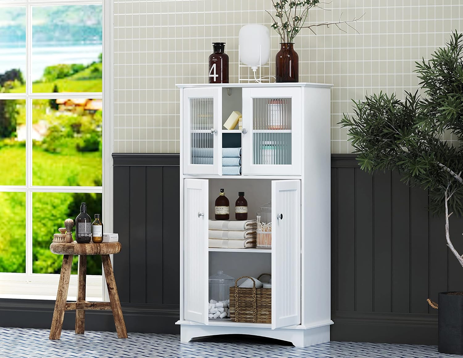 Spirich Bathroom Storage Cabinet, Wood Floor Cabinet, Free Standing Storage Organizer for Bathroom, Living room, White