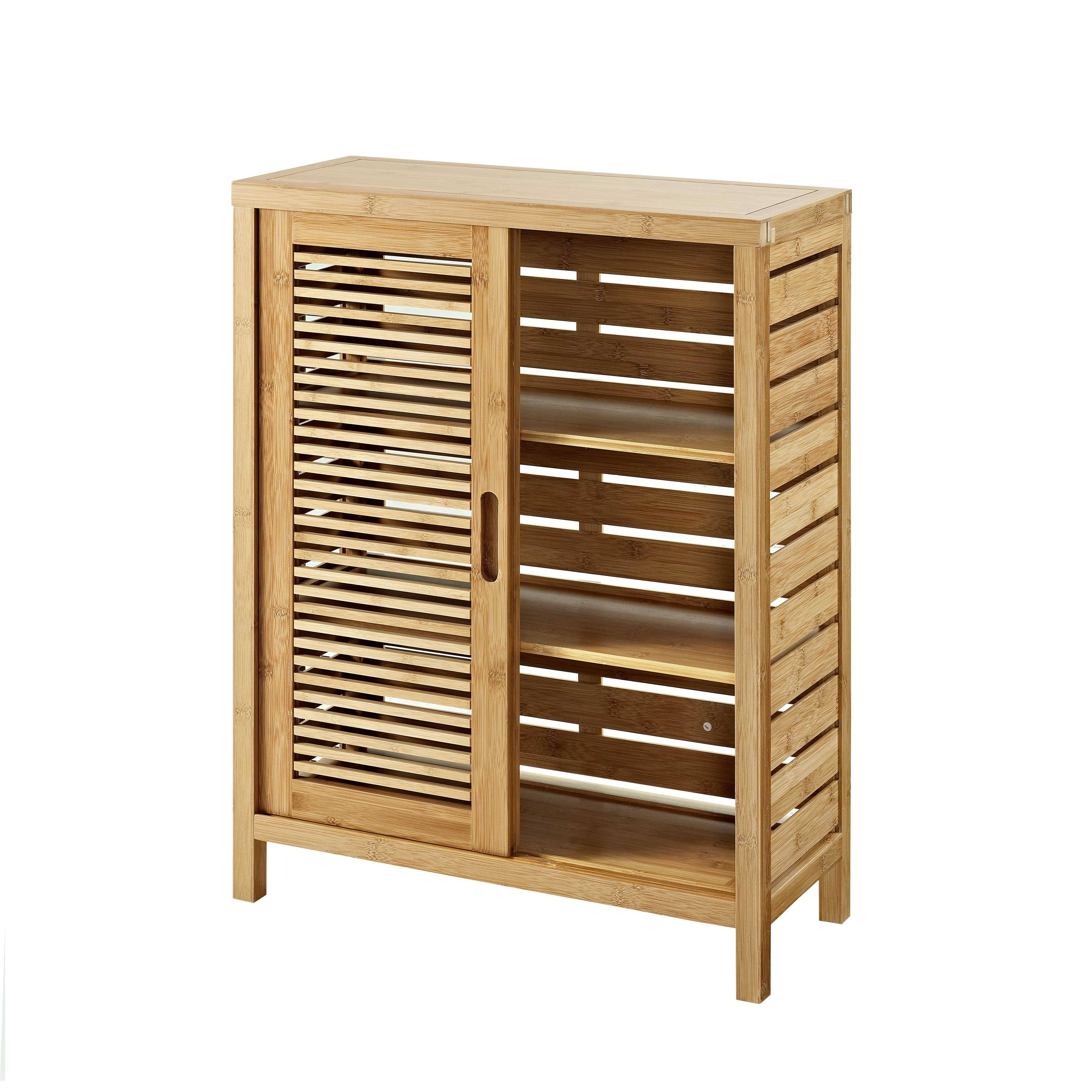 Slated Bamboo Floor Cabinet with 2 Sliding Doors and 3 Shelves Brown