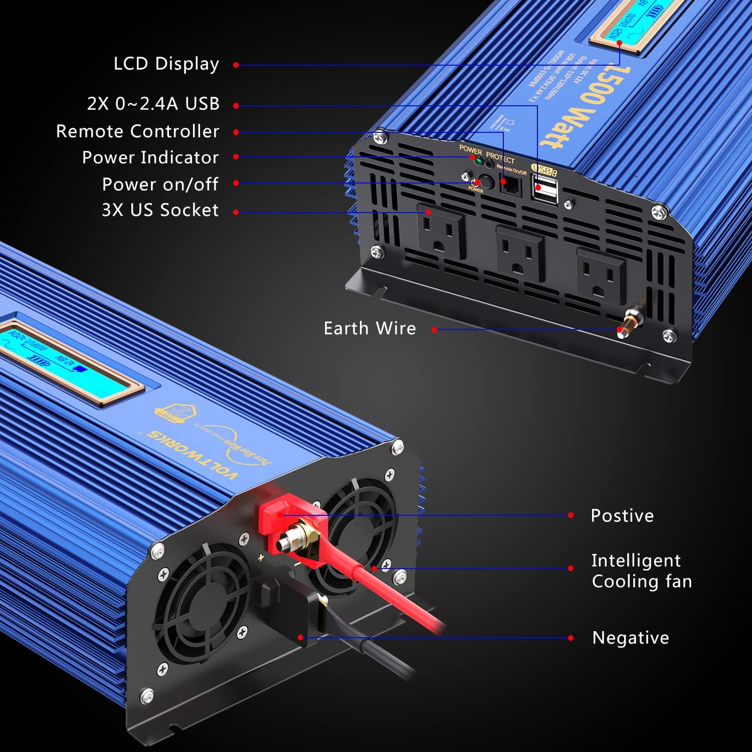 VOLTWORKS 600 Watts Pure Sine Wave Power Inverter 600w DC 12V to AC 110V 120V with Dual 2.4A USB Port & LCD Display Two AC Outlets for Car Truck RV