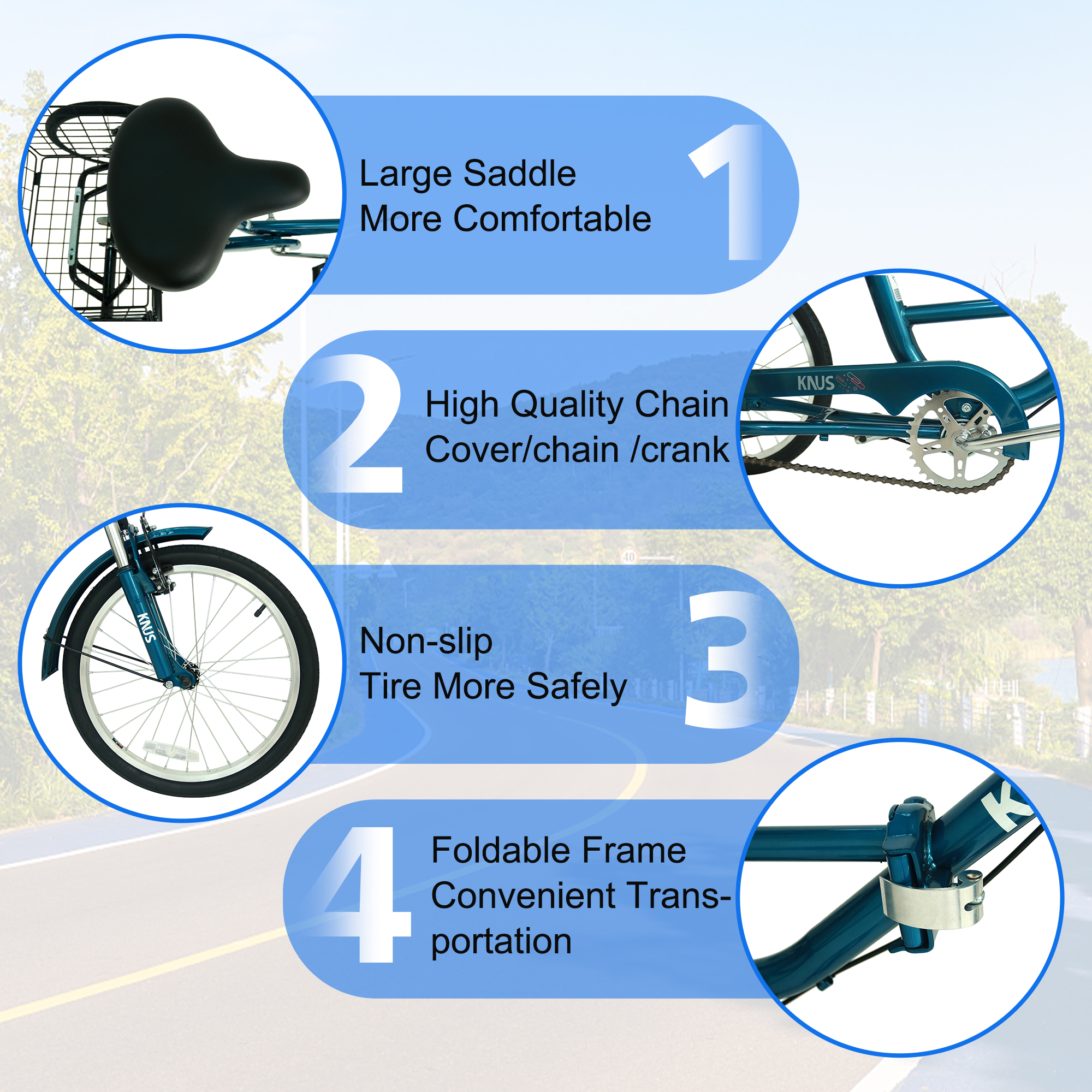Okimo 20in 3-Wheel Folding Tricycles for Adult Portable Outdoor Folding Trike with Large Basket for Adults, Black
