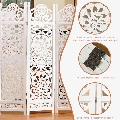 5.75Ft Room Divider Wood Carved Wall Divider Indoor Folding Portable Partition Screen for Home Office Garden Terrace - 4 Panel (Antique Brown)
