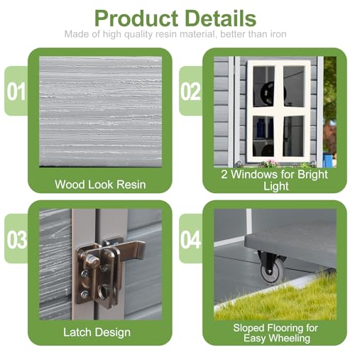 8x6x7 FT Resin Storage Shed, Waterproof Outdoor Storage Shed w/Floor, 2 Windows, Double Lockable Doors & Vents, Tool Shed for Patio Garden, Lawn, Backyard, Dove Grey