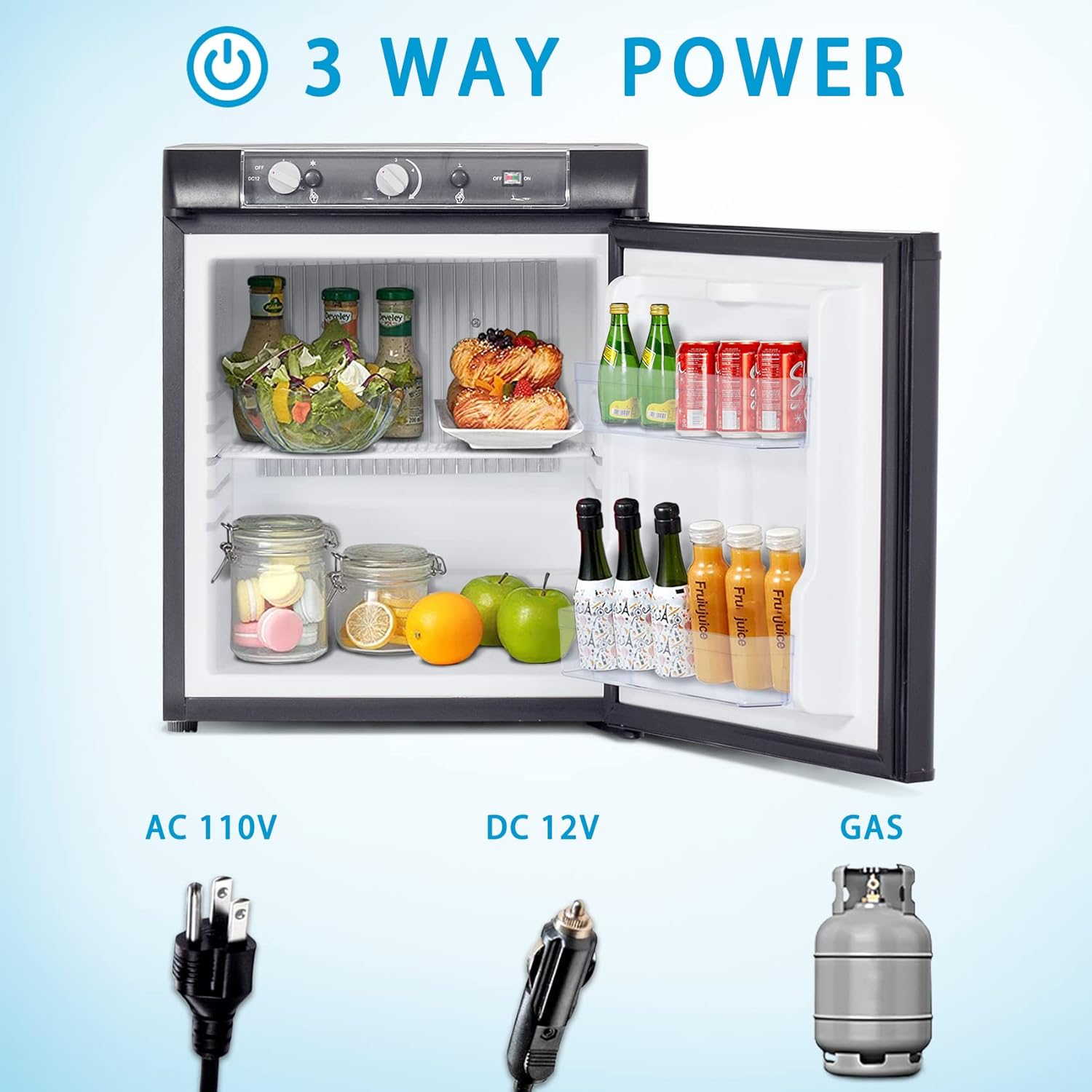 Techomey Propane Refrigerator for camper, Propane Fridge 1.4 Cu.Ft, Gas Refrigerator 12 V/110V/GAS LPG, 3 Way Refrigerator, Quiet Compact Rv Refrigerator for Semi Truck, Truck, Camper Van, Rv, Garage, Black