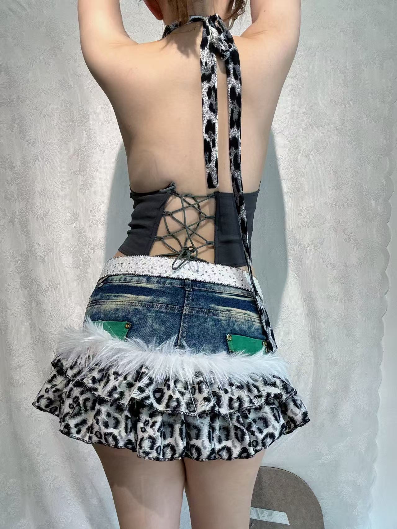 'Leopard Bite' Patchwork Denim Mini Skirt