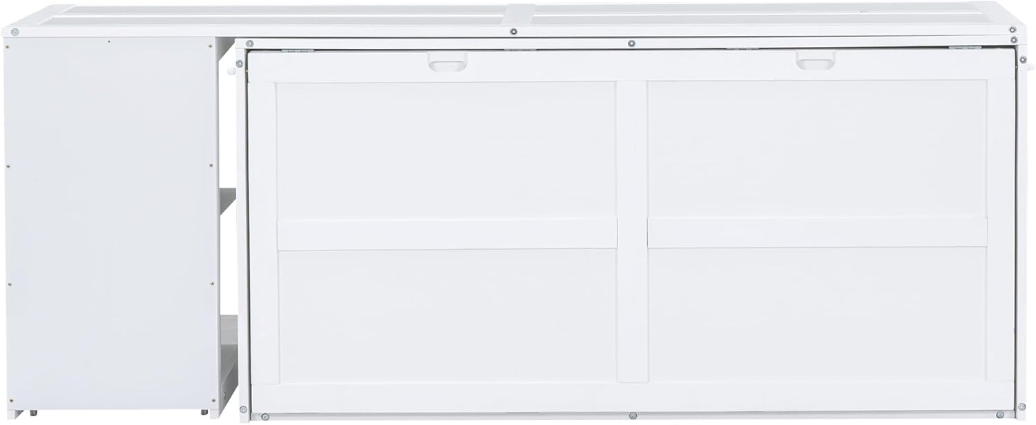 BOVZA Queen Size Murphy Bed with Rotable Desk and Storage Drawers, Cube Cabinet Bedframe for Small Spaces, White