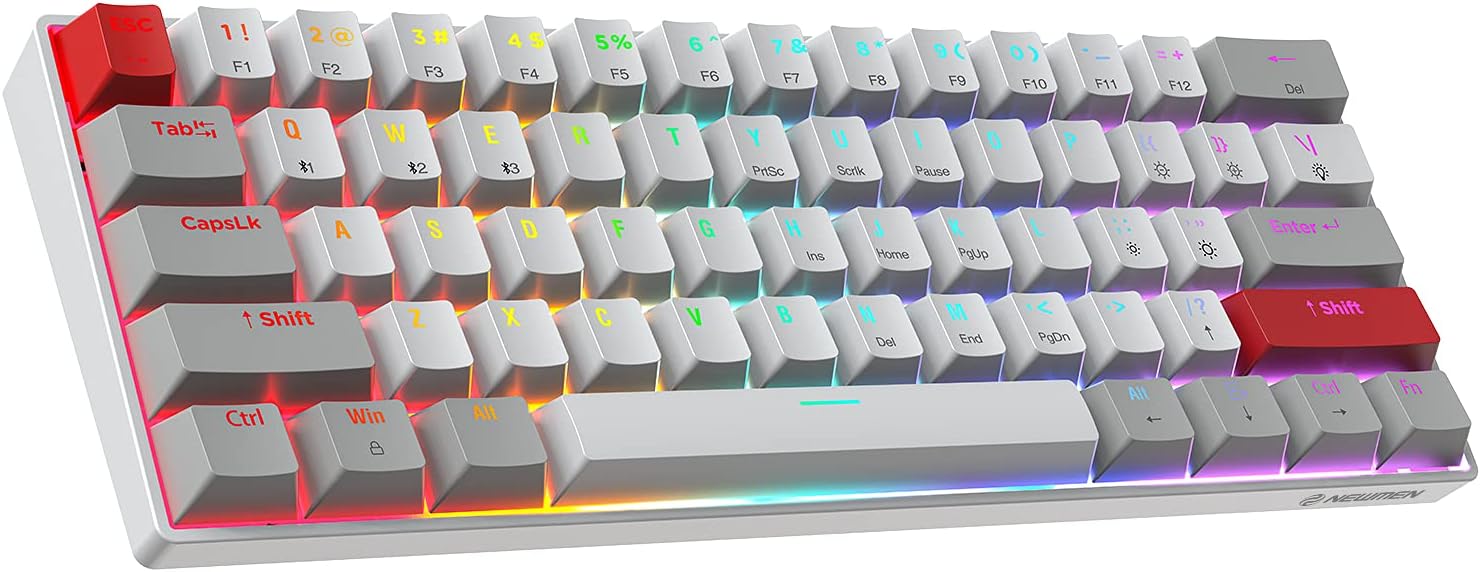 NEWMEN GM610 60% Wireless Mechanical Gaming Keyboard, 61 Keys Bluetooth Mechanical Keyboard, NKRO with Extra Keycap Set, RGB Backlit, Hot Swappable Switches, for Windows/Mac/Android, Blue Switch