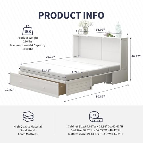 Murphy Cabinet Chest Bed, Elegant Queen Size Wall Bed with Charging Station, Storage Drawer, Solid Wood Frame and Folding Mattress, Ideal for Small Space and guest room -B (Burnt Orange)