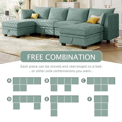 Loveseat U-Shape Sectional, Convertible Bed Chaise for Living Room with Ottomans Reversible Modular Sofa 6 Seater Couch with Storage Seat, Green