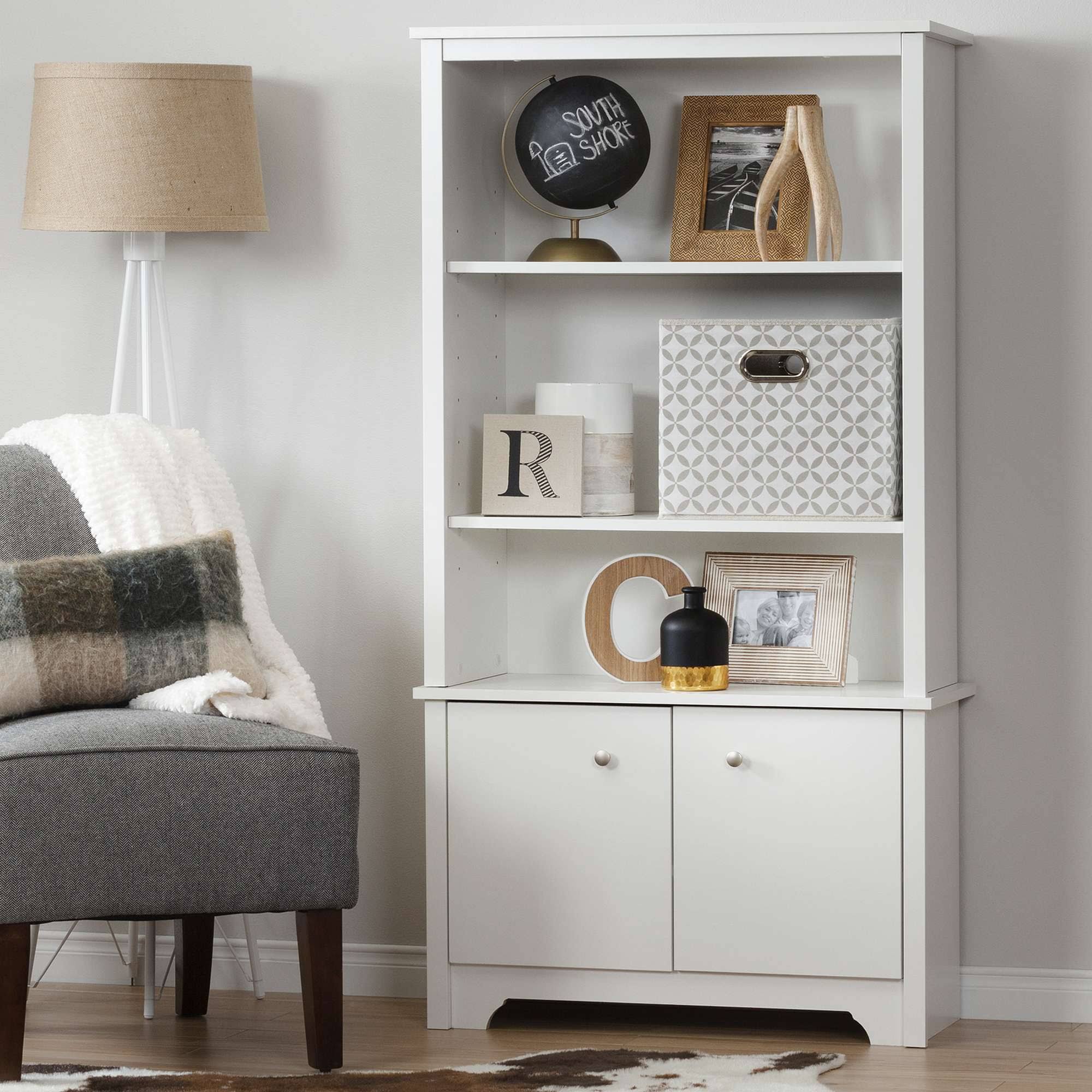 South Shore Vito 3-Shelf Bookcase with Doors Pure White