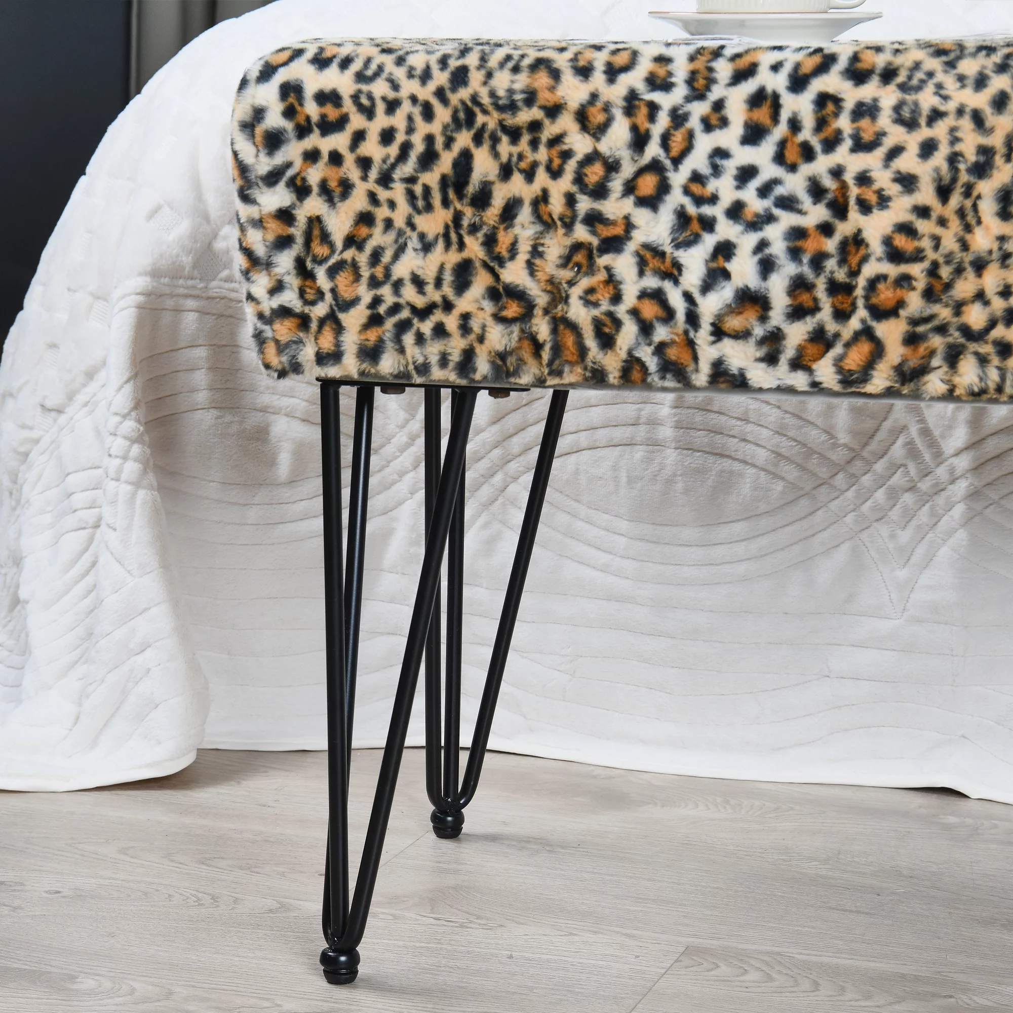 Home Soft Things Faux Fur Ottoman- Leopard - Black Leg - 46x16x22"