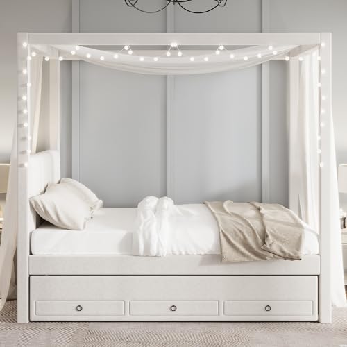 Twin Size 4 Poster Bed Canopy Bed with Upholstery Headboard, Built-in Trundle and 3 Drawers, for Kids Teens Adults, Beige