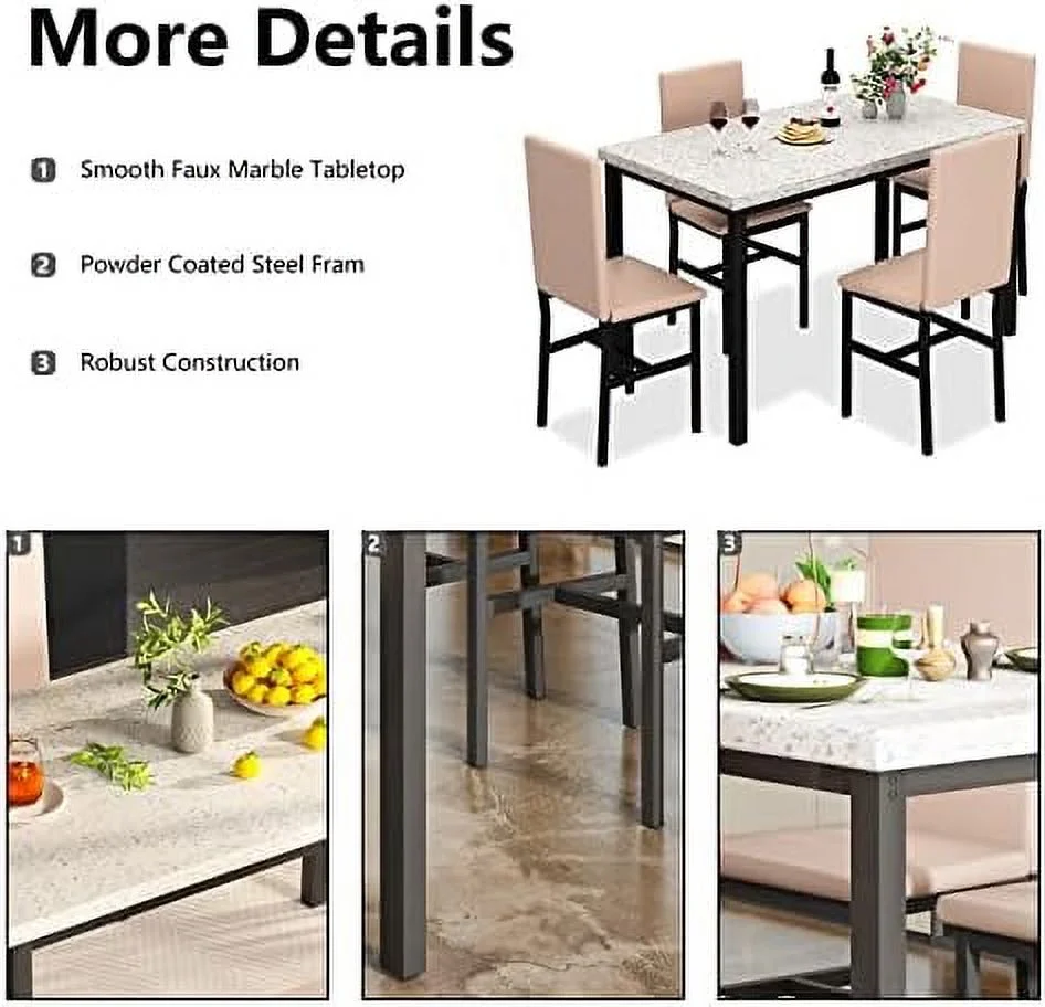 HJZBNONE 5-Piece Faux Marble Kitchen Table &amp; Chair Set  4 PU Metal Frame Chairs for Small  Modern Compact Space for Home  Breakfast Nook Cafeteria Dining Room w/ Racks  01 Coffee