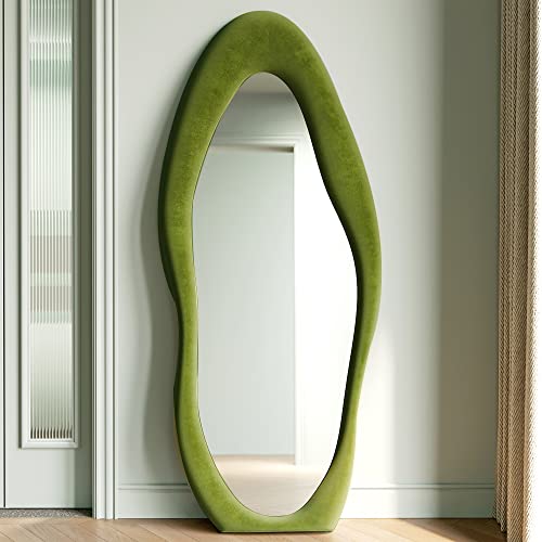 Honyee Full Length Mirror, 63" x 24" Wall Mirror, Flannel Wrapped Wooden Frame Floor Mirror, Irregular Wavy Mirror Hanging or Leaning Against Wall for Cloakroom/Bedroom/Living Room, Milk Tea