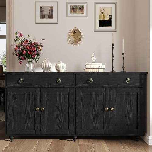 4 EVER WINNER Buffet Cabinet with Storage, 55" Sideboard Buffet Cabinet with 2 Drawers and 4 Doors, Modern Farmhouse Coffee Bar Cabinets, Wood Buffet Table for Kitchen, Dining Room, White