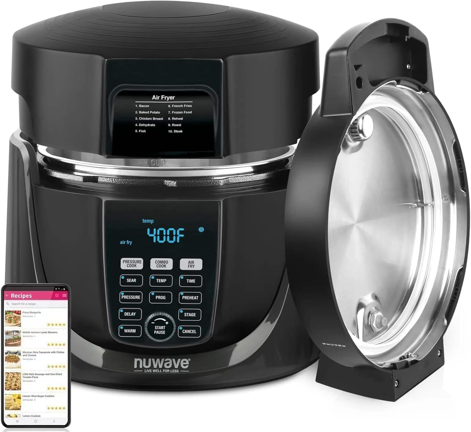 Nuwave Duet Pressure Cook and Air Fryer Combo Cook; Stainless Steel Pot & Rack; Non-Stick Air Fryer Basket; Steam, Sear, Saute, Slow Cook, Roast, Grill, Bake, Dehydrate, Pressure Cook & Air Fry