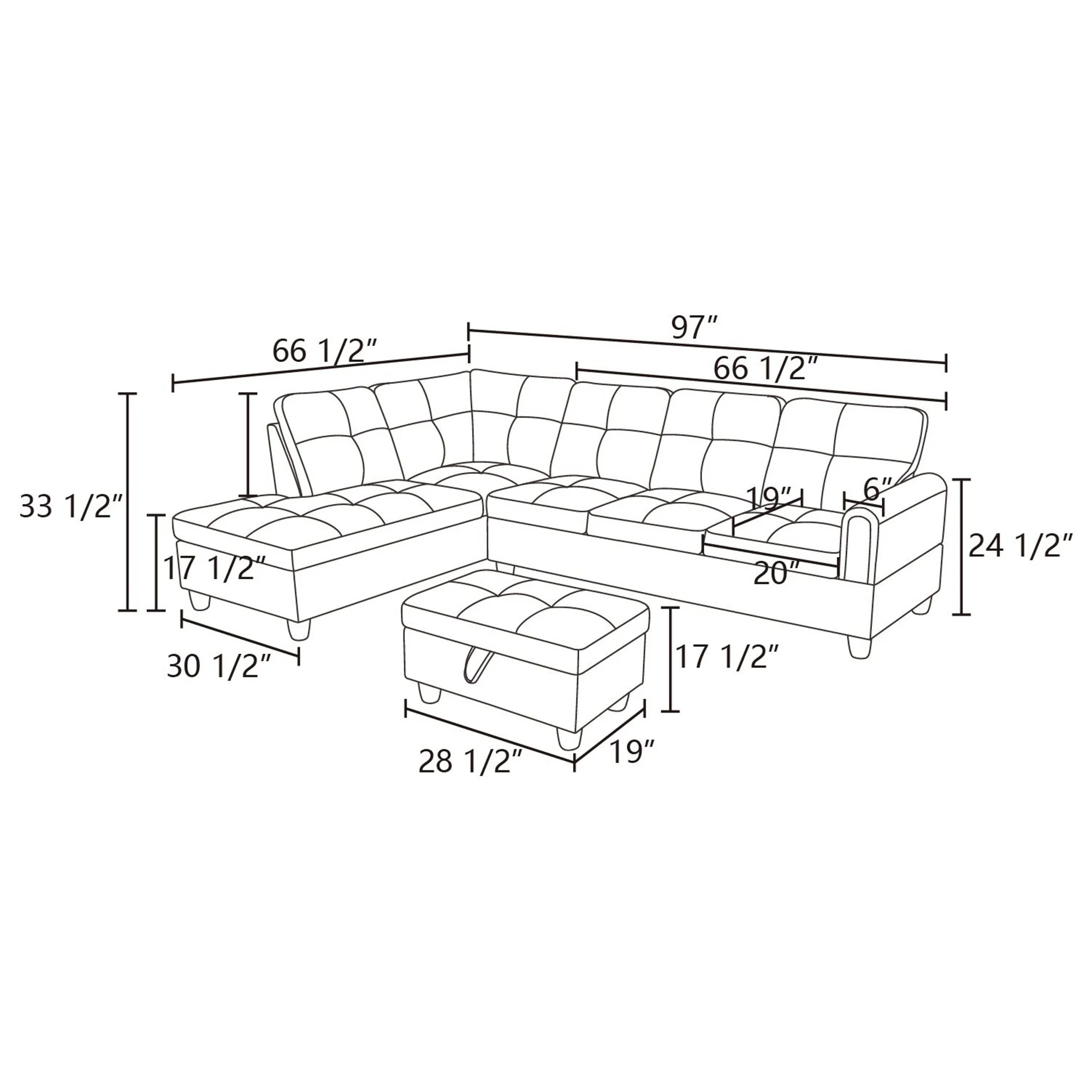 Aukfa Sectional Sofa, 97" Living Room Couch w/ Storage Ottoman, Left Facing Chaise, Flannel, Gray