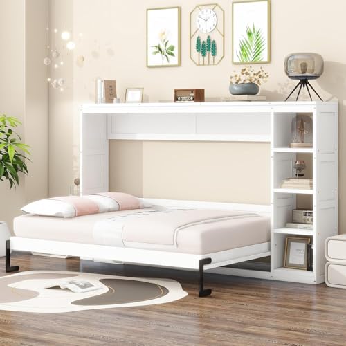 Full Murphy Bed with Storage Shelves,Wood Murphy Bed Cabinet with Storage Bookcase,Fold Up Bed Modern Murphy Wall Bed Full Size (White,Full)
