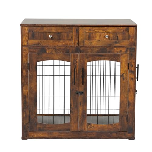 Dog Crate Furniture with Cushion,Wooden Dog Kennels Indoor with 2 Drawers,Dog Furniture Crate End Table with Storage