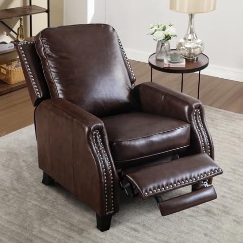 CANMOV Genuine Leather Recliner Chair Set of 2, Classic and Traditional Push Back Recliner Chair with Solid Wood Legs, Adjustable Single Sofa with Nailhead Trim for Living Room,Bedroom, Reddish Brown