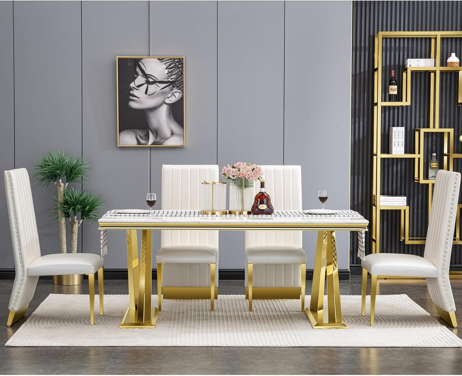 White and Gold Dining Table, 72" Dining Room Table with Polished Gold Double X-Base, Luxury Kitchen Table for 4-8