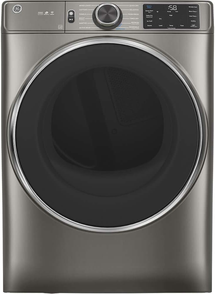 GE GFD65ESPNSN 28" Front Load Electric Dryer with 7.8 cu. ft. Capacity Powersteam Built-in WiFi Sanitize Cycle and Vent Sensor in Satin Nickel