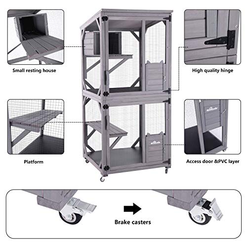 Aivituvin Cat Catio Outdoor Cat house Wooden Large Enclosure with Run on Wheels 70.9" Upgraded Version Catio with Reinforcement Strip,Waterproof Roof (grey)