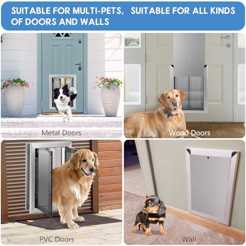 Large Dog Door, Weatherproof Aluminum Dog Door with Automatic Closing Double Panels Easy to Install Pet Door for Large Dogs and Cats, Closing Panel Included
