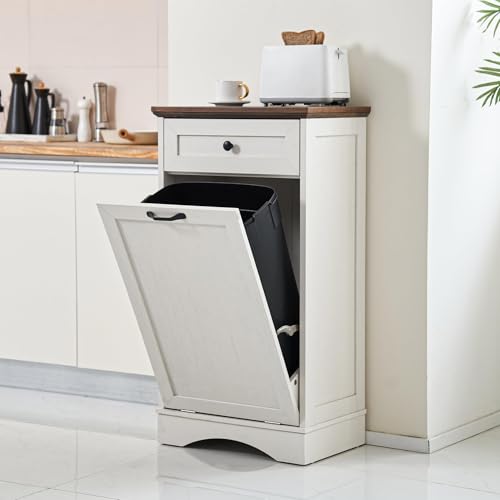 13 Gallons Tilt Out Trash Can Cabinet Freestanding Trash Cabinet Wood Garbage Recycling Cabinet with Hideaway Drawer Pet Proof Trash Can Holder for Kitchen Living Room, White