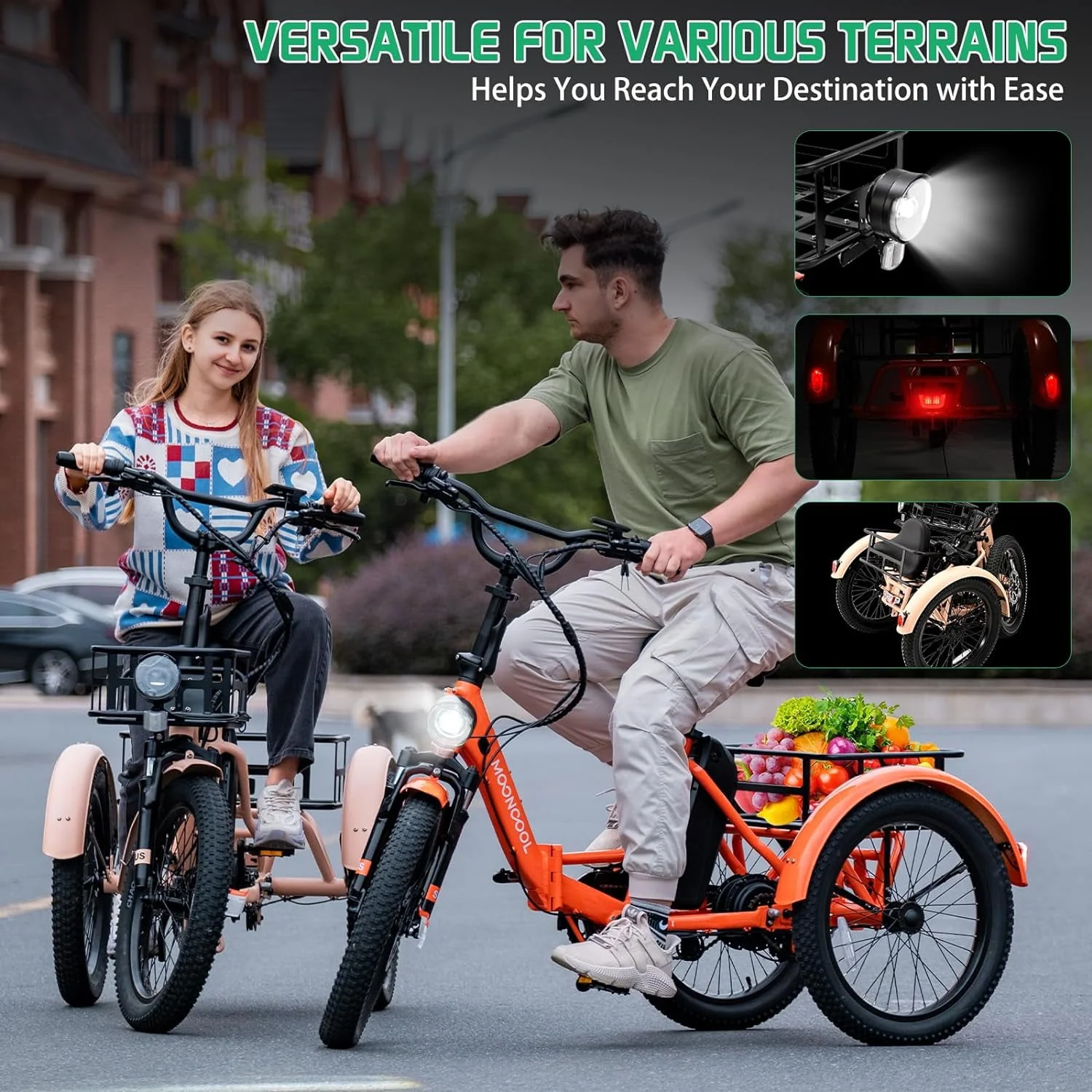 MOONCOOL 24/26 Electric Tricycle for Adults, 350W 36V 7 Speeds Electric Trike Motorized Three Wheel Electric Bikes Bicycle with Large Basket for Women Men