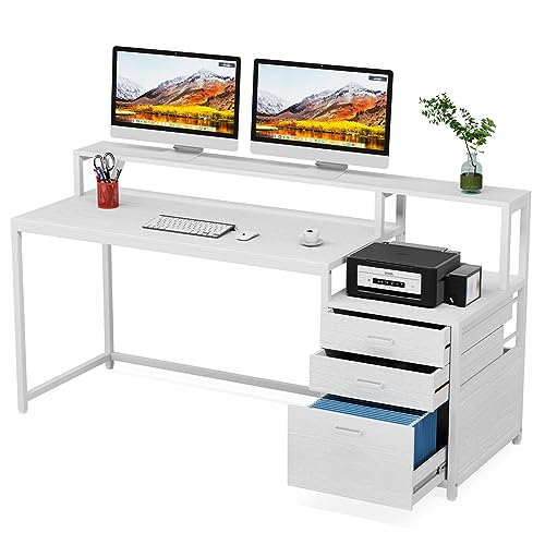 Tribesigns 63 Inch Computer Desk with File Drawer Cabinet, Ergonomic Office Desk with Monitor Stand, Industrial Computer Table with Printer Space, Wood PC Table Workstation Desk for Home Office