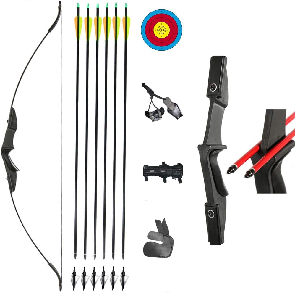 TOPARCHERY Archery 57" Takedown Youth Recurve Bow and Arrow Set Long Bow Kit with 6pcs Fiberglass Arrows for Beginner Teenagers Right Left Hand Black - Draw Weight 20lbs- 40lbs Pack of 2