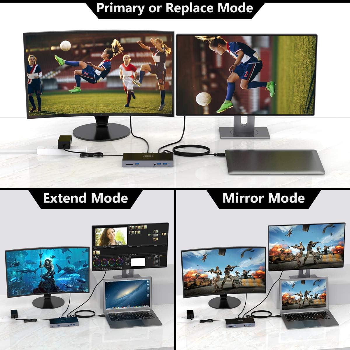 UOEOS USB 3.0 Universal Docking Station Dual Monitor for Windows, Chrome OS, Mac OS USB 3.0 HUB HDMI and DVI 3.5mm Audio Jack Port, SD TF Card Reader, Gigabit Ethernet, Audio&Mic,laptop docking sation