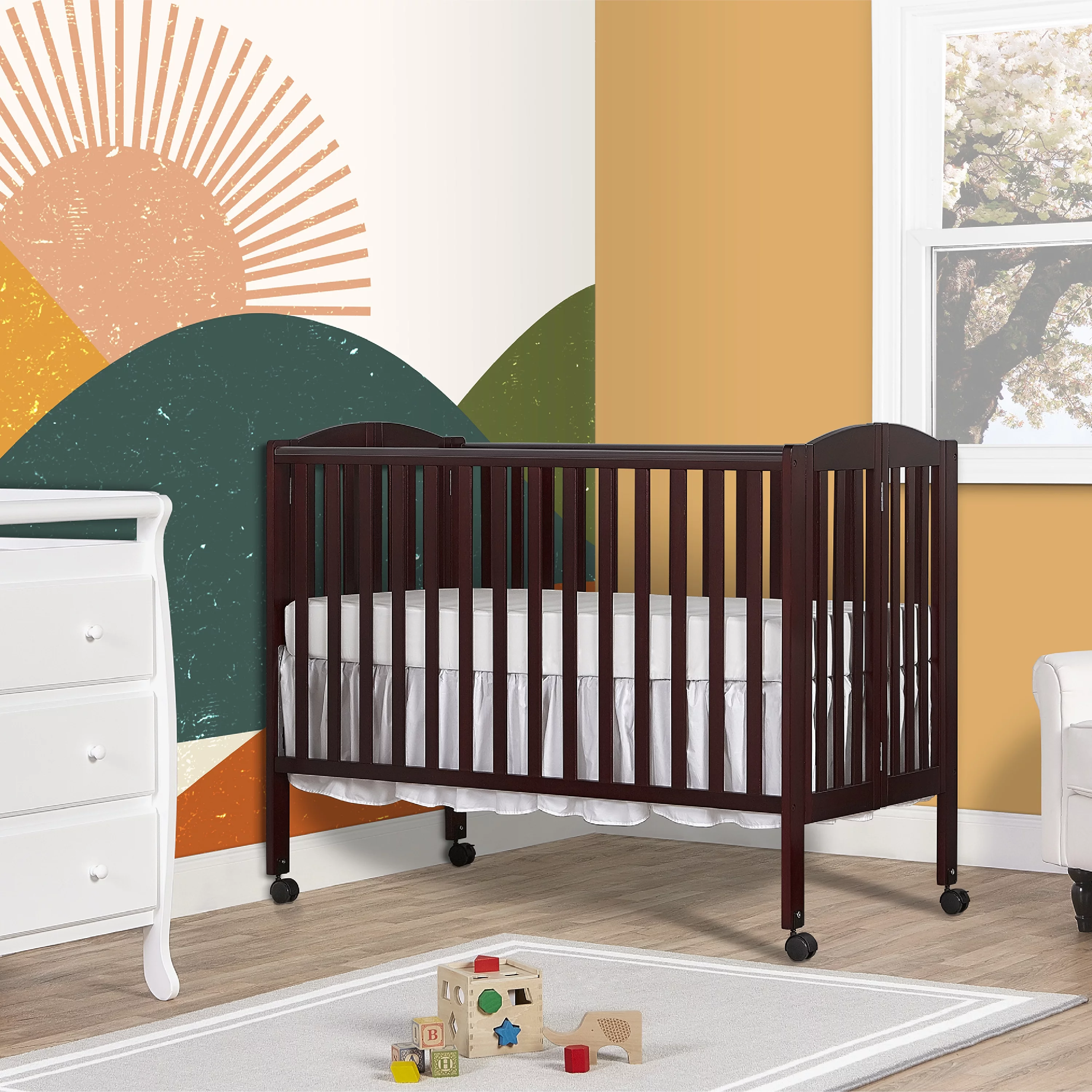Dream On Me Full Size 2-in-1 Folding Stationary Side Crib, Locking Wheels, Espresso