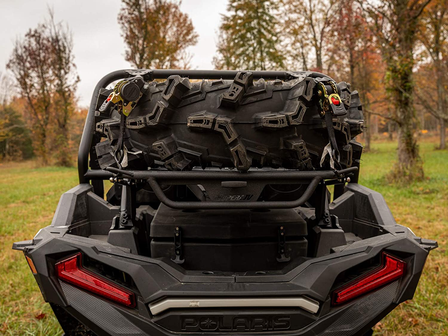 SuperATV Cargo Rack Alpha for 2014+ Polaris RZR XP 1000/XP 4 1000|2016+ RZR XP Turbo/XP 4 Turbo|Doubles as a Cargo Rack and Spare Tire Carrier|Fits up to a 35" Tire|Capacity 75 Lbs.|CBS-P-RZR1K-00