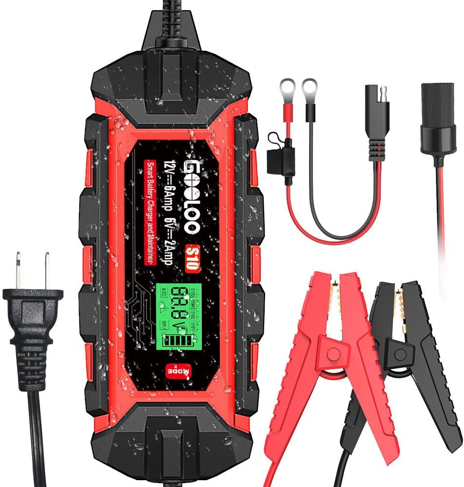 GOOLOO 10-Amp Car Battery Charger, 6V and 12V Fully Automatic Battery Charger Maintainer, Trickle Charger, Supersafe Smart Battery Desulfator for Lead-Acid Batteries(S10)