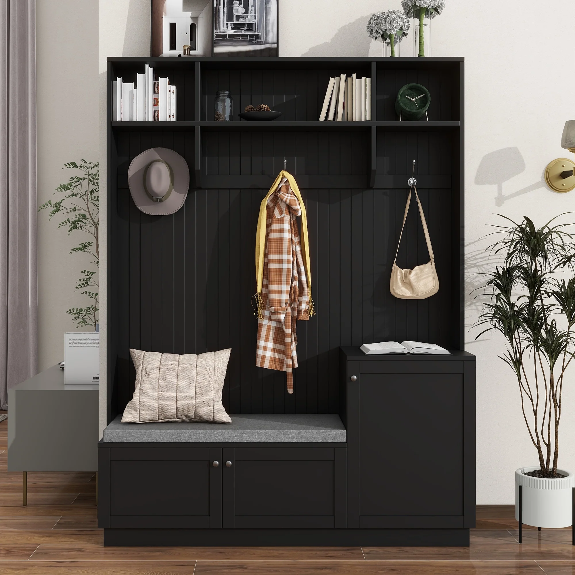 Churanty 4-in-1 Hall Tree with Bench and Shoe Storage, Coat Rack with Cushion Mudroom Bench and Hooks, Modern Hall Trees for Hallway, Black