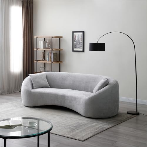 Minimalist Curved Sofa, 3 Seater, Chenille Velvet Fabric Upholstered Sofa, Tight Curved Back Velvet Cloud Couch for Living Room Apartment Office (Light Gray)