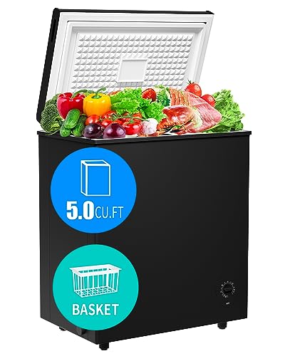 Chest Freezer 5.0 Cu.Ft Deep Freezer with 7 Level Adjustable Temperature, Freestanding Mini Freezer with Removable Storage Basket, Small Freezer Chest with Top Open Door, Low Noise and Energy Saving