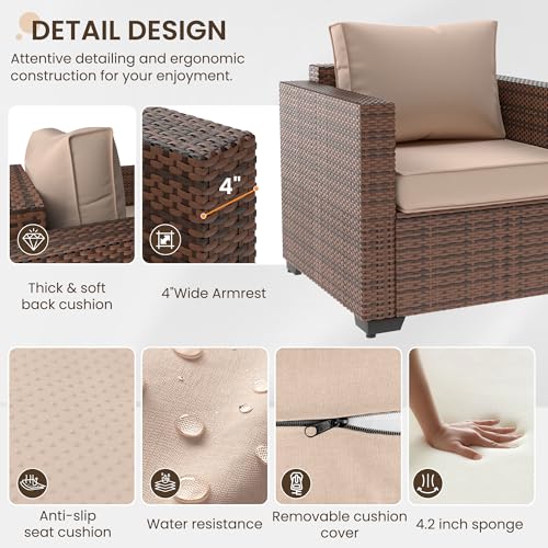 Outdoor Patio Furniture Set, 5 Piece Patio Conversation Sets with Storage Table, Wide Armrest Outside Sectional Sofa with Waterproof Covers for Porch, Backyard, Balcony, Poolside(Khaki)