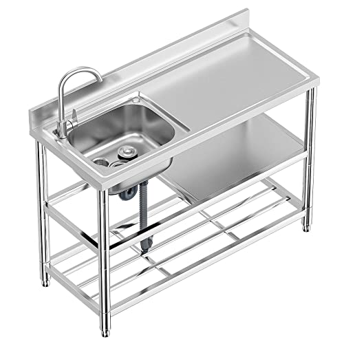 Stainless Steel Commercial Kitchen Sink, Free Standing, Single Bowl Sink Basin with Cold & Hot Water Faucet, Indoor and Outdoor Sink, 21.7 in