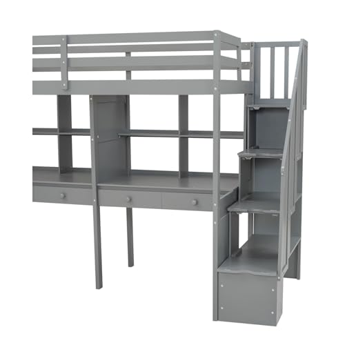 Full Size Loft Bed with A Desk, Wardrobe and Three Storage Drawers, Open Storage Cabinet, 64.9''H Wood Loft Bed Frame with Wood Slats Support, Space-Saving Design (Gray * Full,256)