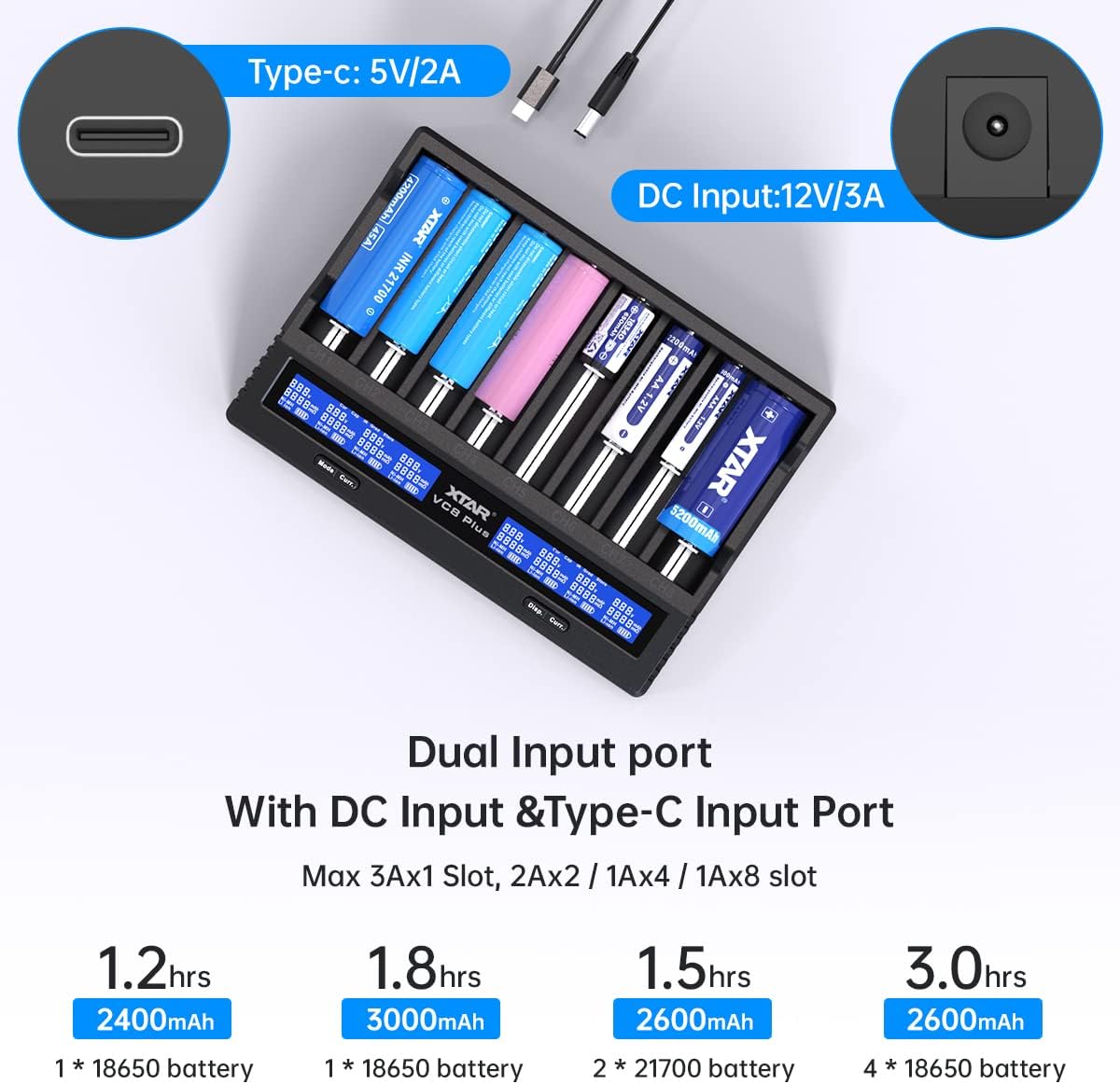 18650 battery charger 8 slot XTAR VC8 PLUS with INPUT Adapter 2022 Rechargeable lithium Battery Charger 8 slot 18650 21700 Charger test battery real capacity