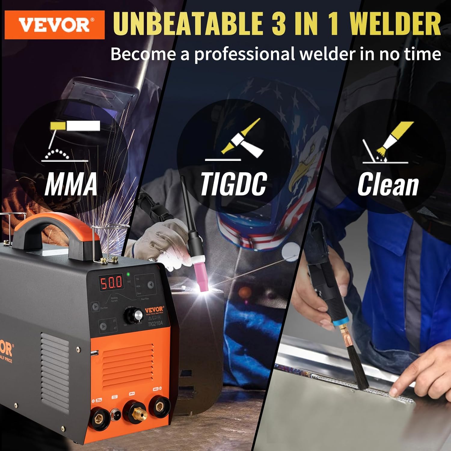 VEVOR 210Amp TIG Welder, Welder TIG 3 in 1, 110/220V Dual Voltage HF TIG/Stick/Clean Welding Machine with USB, IGBT Inverter & Torch, Digital Arc Welder