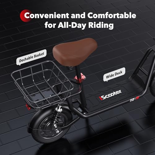 iScooter Electric Scooter with Seat, 37/21 Miles Long Range & 28/19/15.6 MPH Top Speed, 14"/12"/10" Pneumatic Tire, Height Adjustable Seat & Handlebar, Dual Suspensions Commuting Scooter with Basket